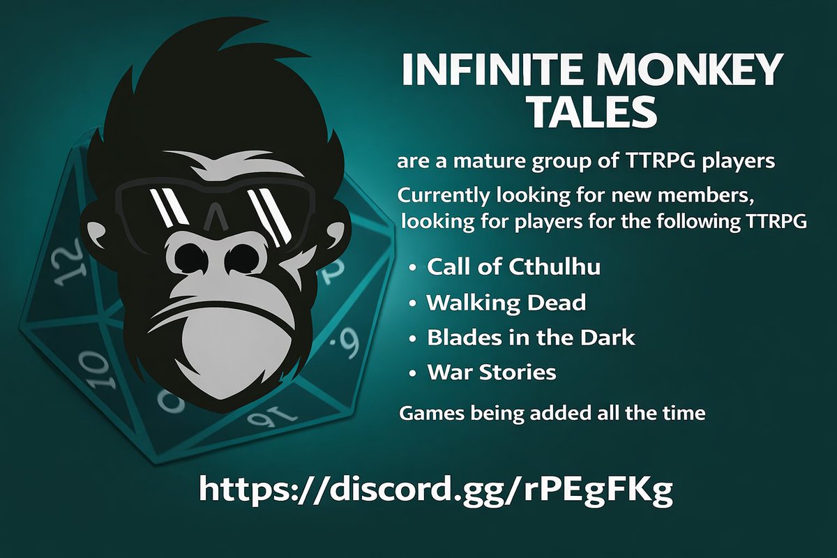 tales_infinite's tweet photo. Looking for TTRPG players &amp; GMs.
Mature group. Lots of systems. Games most weeks.
Join us 👇
 https://t.co/V0PafrB7hU

#TTRPG #RPGCommunity https://t.co/JBzKY7NjK5