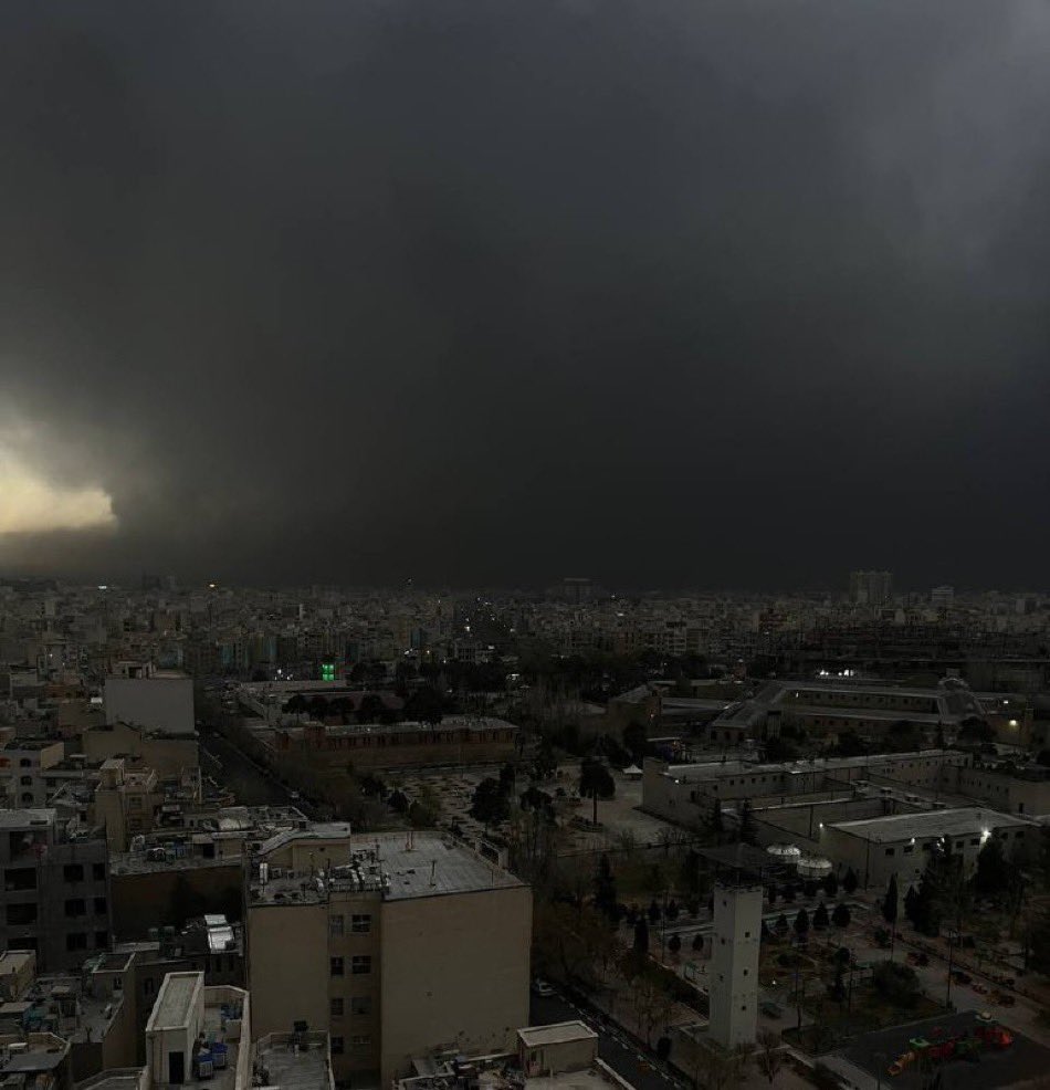 TheCradleMedia's tweet photo. Local sources in Tehran report that residents woke up to black rain today due to Israeli-US strikes on oil facilities in the area. https://t.co/2b0TyEadgj