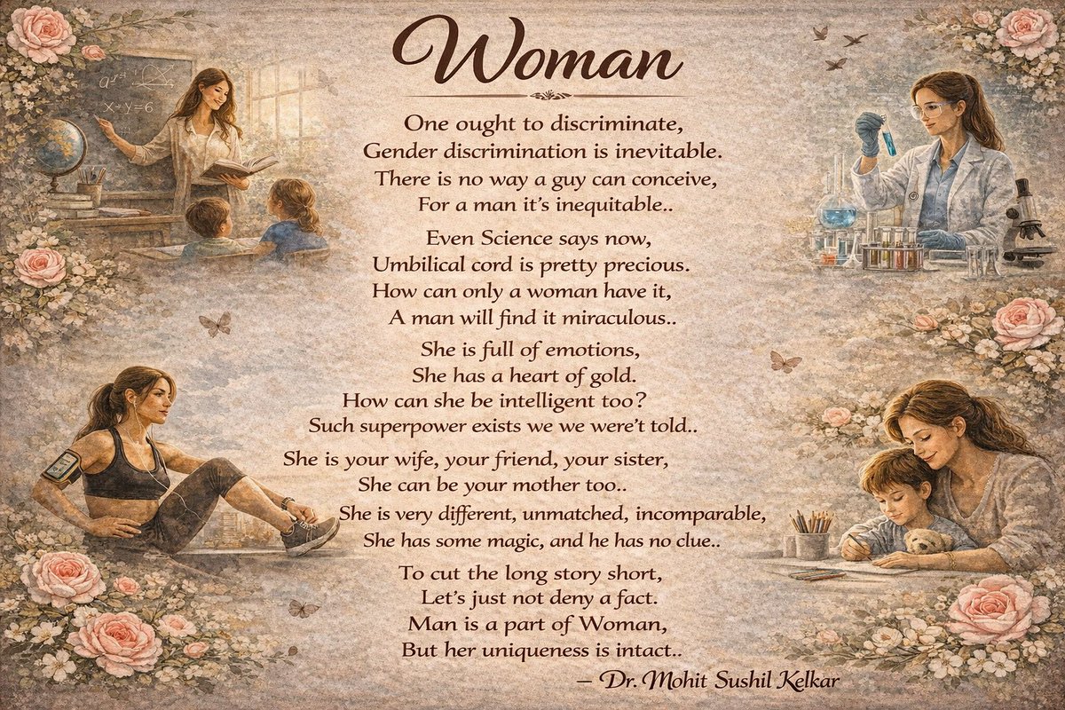 “One ought to discriminate” ✍️
Gender discrimination is of course considered to be negative. But when it comes to d magic only a woman holds, it’s simply a fact of nature.
My tribute to every woman this #InternationalWomensDay #WomensDay2026
<a href="/rupikaur_/">rupi kaur</a> <a href="/RealisticPoetry/">Realistic Poetry International</a> <a href="/X/">X</a> <a href="/Rekhta/">Rekhta</a>