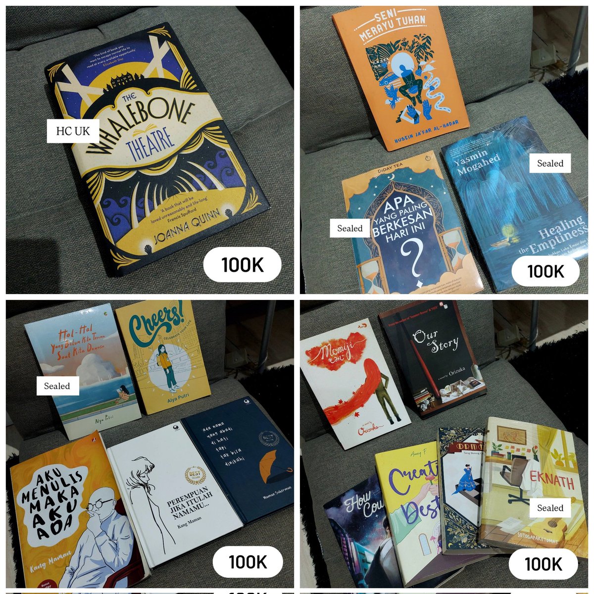 WTS buku koleksi pribadi (sealed  &amp; unsealed). Mostly yg unsealed juga cuma dibuka segelnya tapi belom dibaca.

Serba 100k khusus untuk hari ini aja. Free ongkir untuk warga Makassar. Di luar Makassar subsidi ongkir 20k. Pengiriman dengan JnT. Yg minat, boleh langsung DM aja ya~