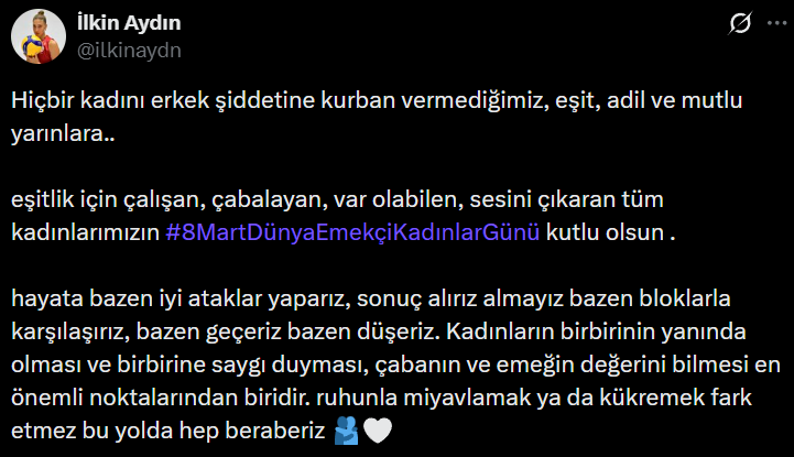 ⚡️ İlkin Aydın'ın, 8 Mart Dünya Emekçi Kadınlar Günü paylaşımı

"Ruhunla miyavlamak ya da kükremek fark etmez bu yolda hep beraberiz🫂🤍"