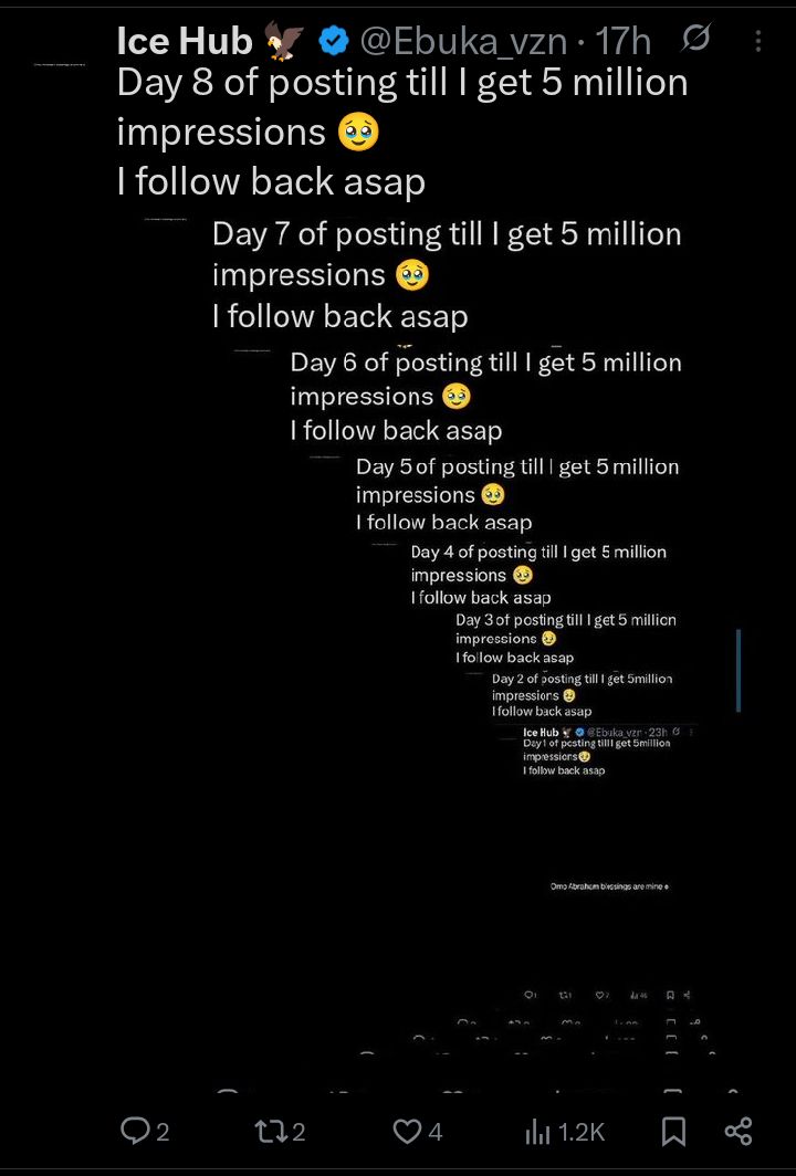 Day 9 of posting till I get 5 million impressions 🥹 
I follow back asap