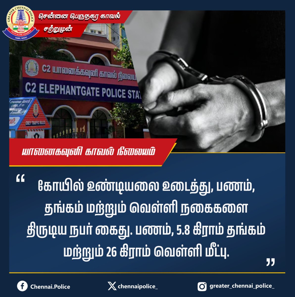 chennaipolice_'s tweet photo. யானைகவுனி காவல் நிலையம்
கோயில் உண்டியலை உடைத்து, பணம், தங்கம் மற்றும் வெள்ளி நகைகளை திருடிய நபர் கைது. பணம், 5.8 கிராம் தங்கம் மற்றும் 26 கிராம் வெள்ளி மீட்பு.
#ElephantGate #theft #GCP #ChennaiPolice #Arrest https://t.co/qzxDwiKFtr