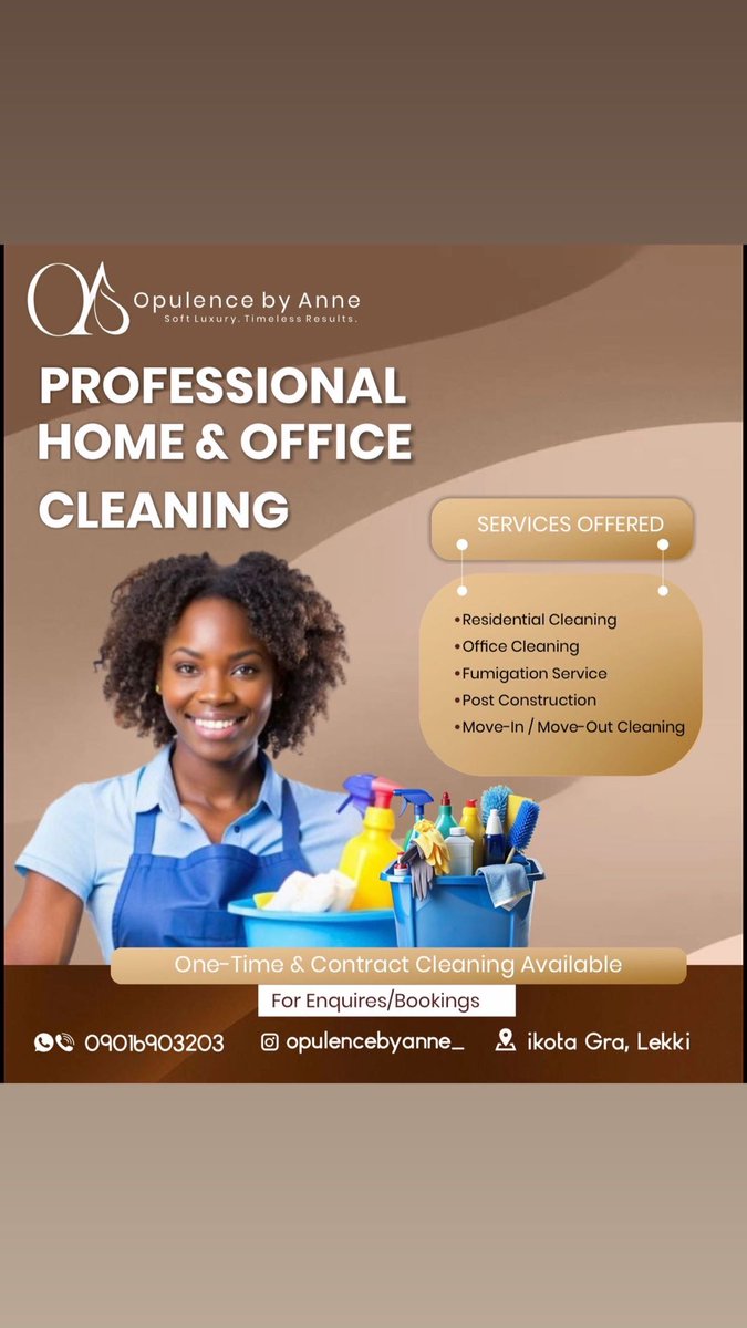 For the best cleaning plug, we provide deep cleaning, fumigation, general cleaning, furniture cleaning and moving-in and out of your residential and office spaces. Also, for post construction cleaning. Please patronise us, we love making your spaces sparkling 🧼!!!!