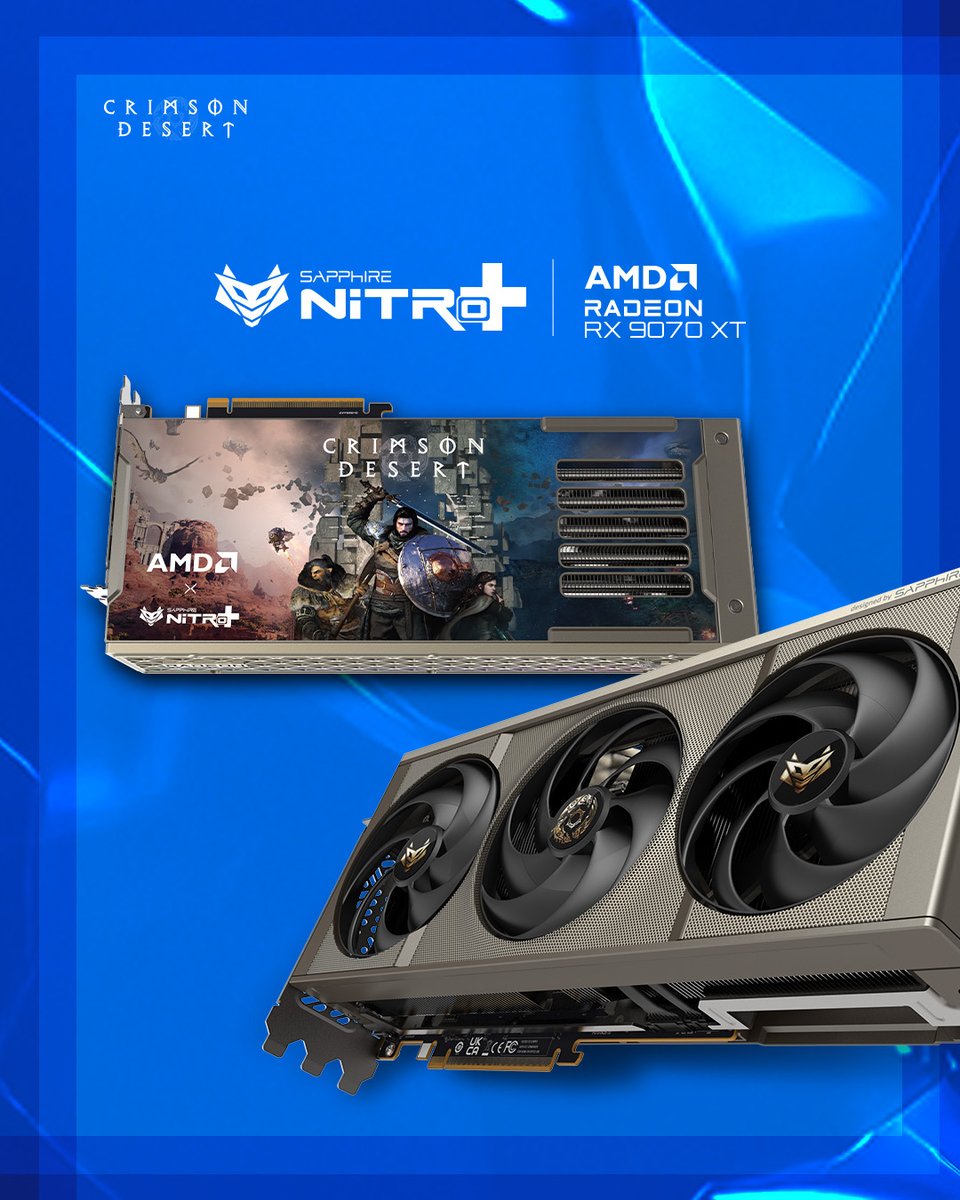 SapphireTech's tweet photo. GET IN THE GAME. Get Crimson Desert Game FREE when you purchase our special SAPPHIRE NITRO+ AMD Radeon RX 9070 XT Crimson Desert Edition GPU from AMD’s list of participating retailers from Feb 10 – Apr 25, 2026!
Info: https://t.co/pvNPkeg5Uv
#gamebundle #freegame https://t.co/ISFMpzgwkj