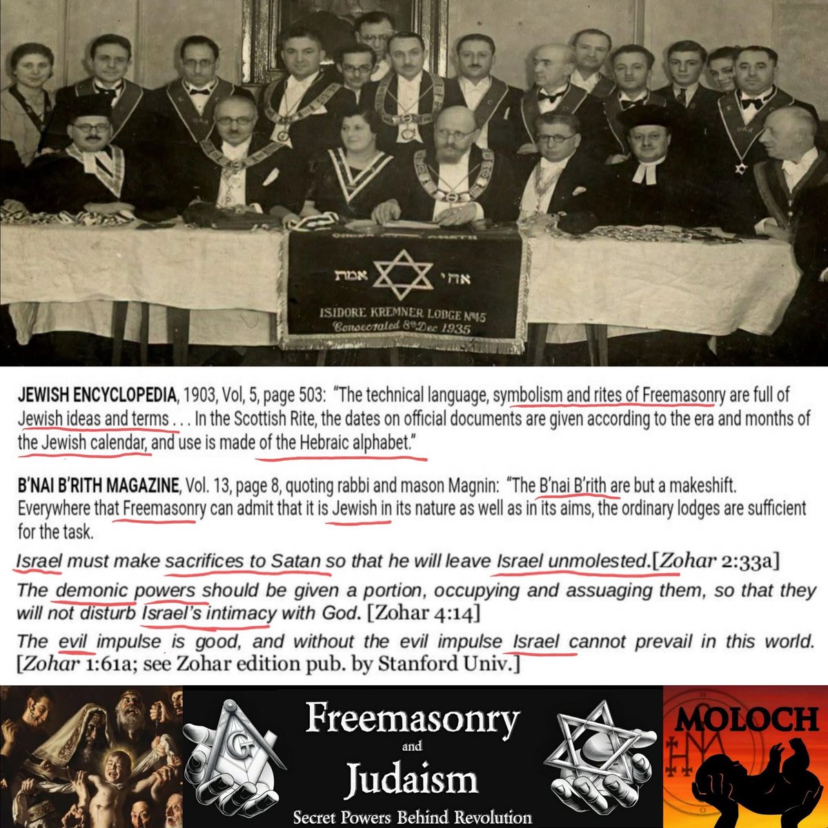 BabyD1111229's tweet photo. There are lodges which are exclusively Jewish such as the notorious Masonic order of Bnai-Brith whose headquarters is in Chicago. The Jewish spirit dominates masonry and imprints upon it that anti-Christian hatred, the fierceness of which would otherwise be difficult to explain, is that the Jews have entirely created Masonry in order to corrupt the nations and Christian civilization and to propagate behind this veil the general revolution, which is to bring about the domination of Israel.
Behind the concrete forces of Revolution, beyond that invisible secret circle which perhaps directs them, there is a collection of facts which lend to prove the Jews as being the direct influence of Masonry. Judaism reveals itself as the dominant power to which Freemasonry must submit.

Chemor wrote to the Grand Sanhedrin of France: "The advice of the Grand Satraps (world governors of the Jews) and Rabbis is as follows:

1.- Make your sons merchants, that little by little they may despoil Christians of their possessions.

2.- Make of your son’s doctors and apothecaries, that they may take away Christian lives.

3.- Make of your sons, canons and clerics (clergies), that they may destroy Christianity from within. (There is hardly a Christian Seminary in America, which is not infiltrated by Jewish professors on their faculty).

4.- Arrange for your sons to become advocates and lawyers, and see that they mix themselves up with the affairs of the State, in order that by putting Christians under your yoke, you may dominate the world and be avenged on them

- SIGNED: V. S. S. V. F. F. Prince of the Jews.

It is not difficult to see how international Judaism, especially Zionism, has followed this Protocol and how they have been helped into positions of world power by FREEMASONRY.

https://t.co/LILWOswuJu

Not giving heed to Jewish fables and commandments of men, that turn from the truth - Titus 1:14

Am I therefore become your enemy because I tell you the truth - Galatians 4:16