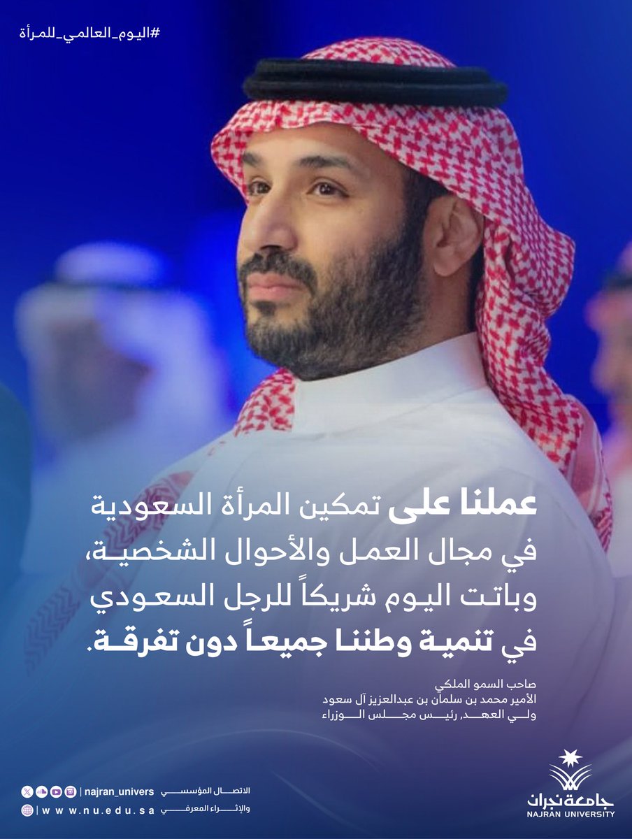 المرأة شريك للرجل في تنمية الوطن ..

#ولي_العهد 
 #اليوم_العالمي_للمرأة