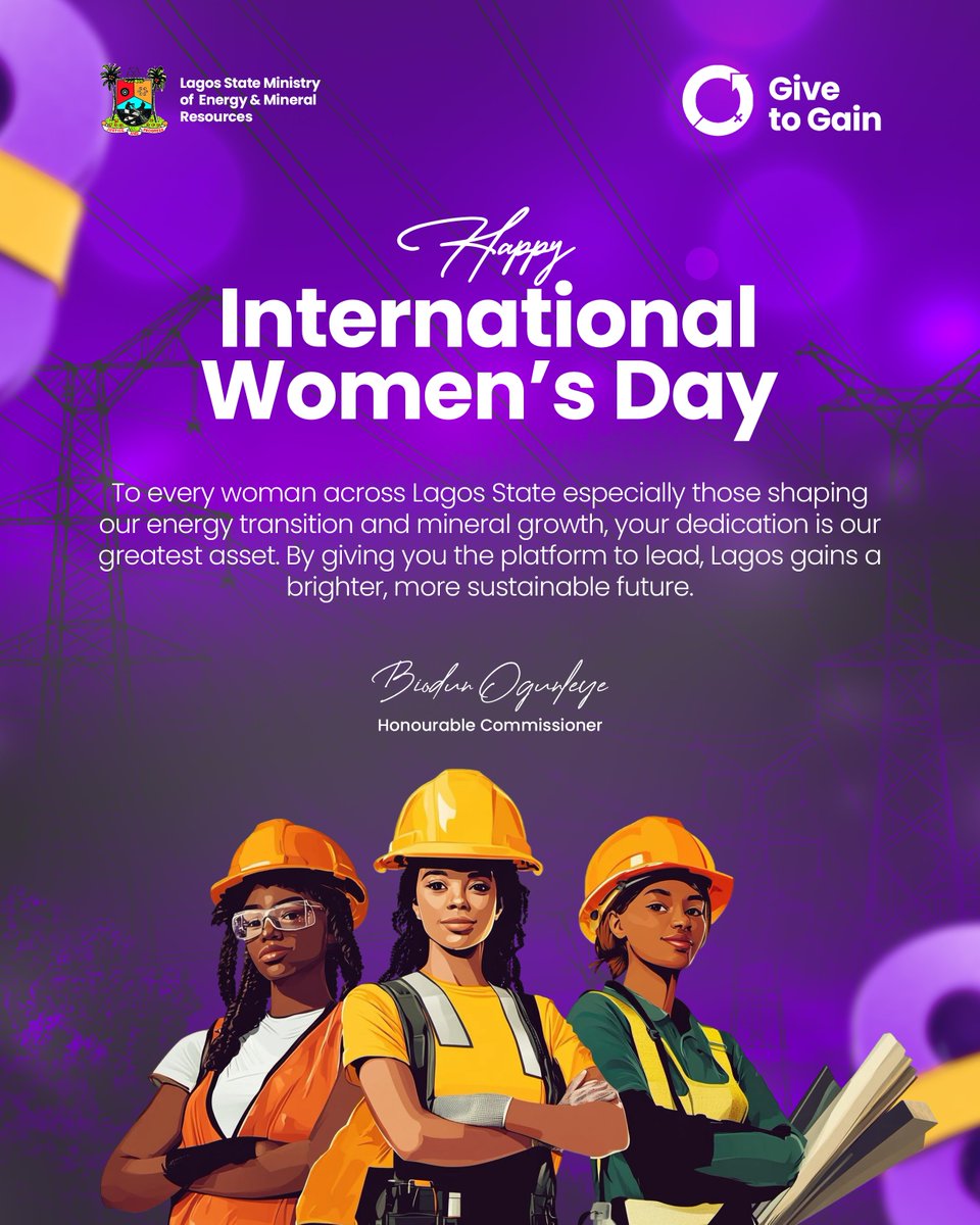 The Lagos State Ministry of Energy &amp; Mineral Resources is committed to fostering an environment where women thrive.

To the women powering our mineral wealth and energy landscape: thank you for leading the way.

Happy #InternationalWomensDay! 

#IWD #LagosState #WomenLead