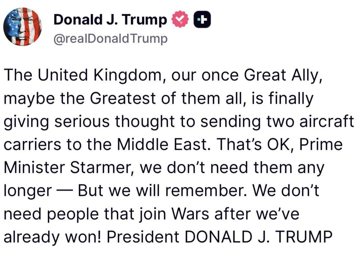 Nolandale's tweet photo. Not enough scrutiny is being given to the em dash, #Trump appears to be using AI to write his tweets and doesn't even edit them.

This statement has real life consequences and was written by #AI unchecked.

#Starmer should ignore the social media nonsense and focus on #Iran https://t.co/AceM7F1sAQ