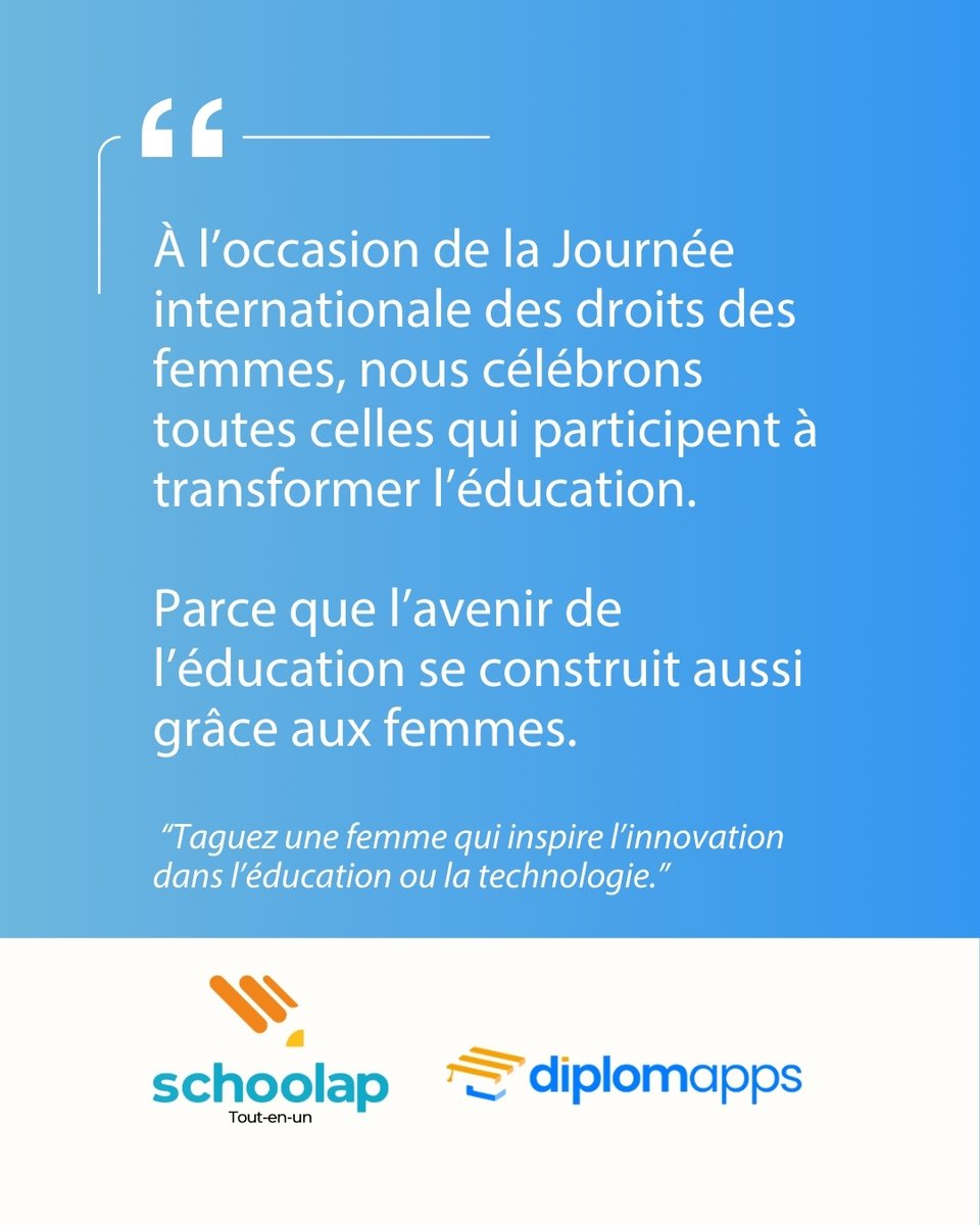 SCHOOLAP_'s tweet photo. À l’occasion du #8Mars, nous célébrons les femmes qui contribuent chaque jour à transformer l’éducation chez @SCHOOLAP_  @SchoolapENG  & https://t.co/0xlfjDzbL0.

Développement technologique, partenariats, opérations, ventes, communication ou administration : leur engagement participe à bâtir une éducation plus accessible et innovante.

✨ L’avenir de l’éducation se construit aussi avec les femmes.

Excellente journée de commémoration à toutes les femmes qui contribuent au développement des communautés !

💬 Taguez une femme qui vous inspire dans l’éducation ou la technologie.