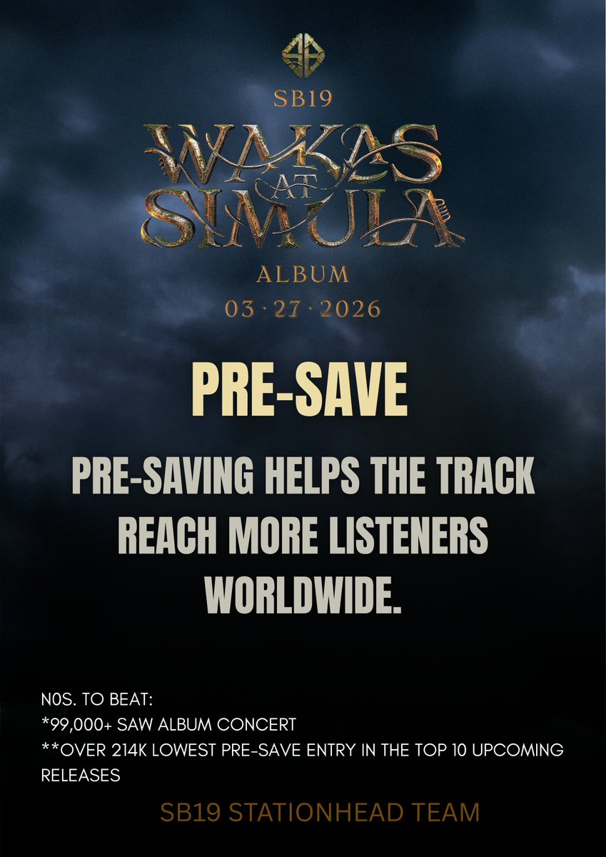 A’TIN, sabay-sabay tayo! 

💡Pre-saving helps the track reach more listeners worldwide. Let’s run this up. 💪🏼

  Let’s tag people in our circle to pre-save now!
🔗sb19.sng.to/wakas-at-simul… 

Invite them to watch the  the album live in concert here: 🔗smtickets.com/events/view/17…
