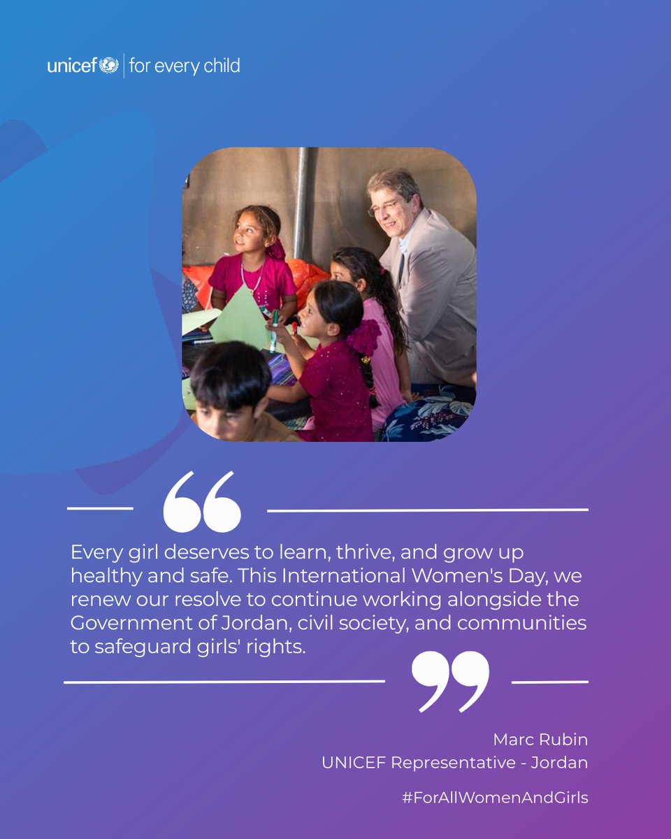 UNICEFJordan's tweet photo. This International Women's Day, we stand firm in our commitment to every girl's right to learn, thrive, and grow up healthy and safe. 💙

#ForAllWomenAndGirls
@MrMarcRubin https://t.co/qI7EdEYXPA