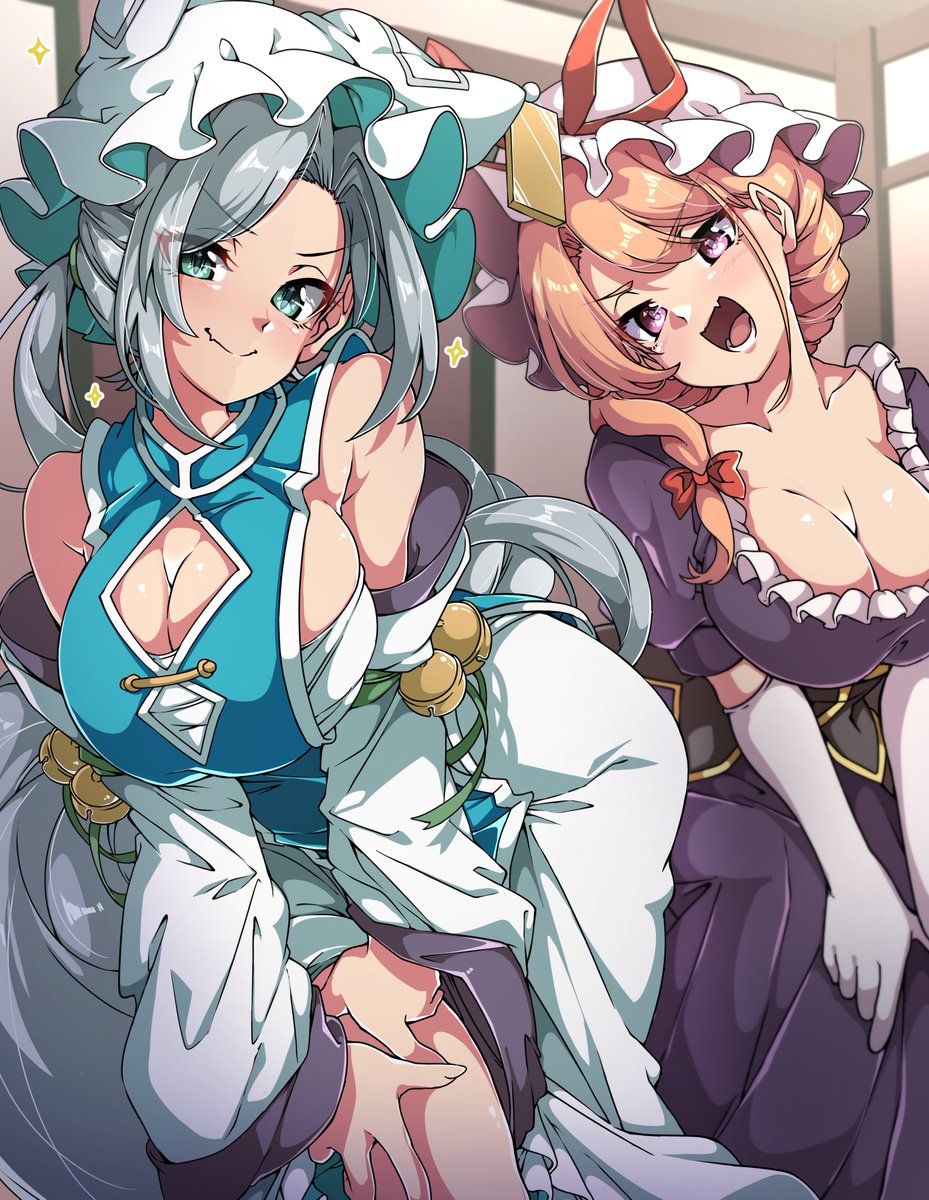 八雲藍 ,八雲紫 「紫様の悩殺ポーズレッスンを真面目に授ける蒼様 #東方Project #八雲紫 #」|ごくうのイラスト