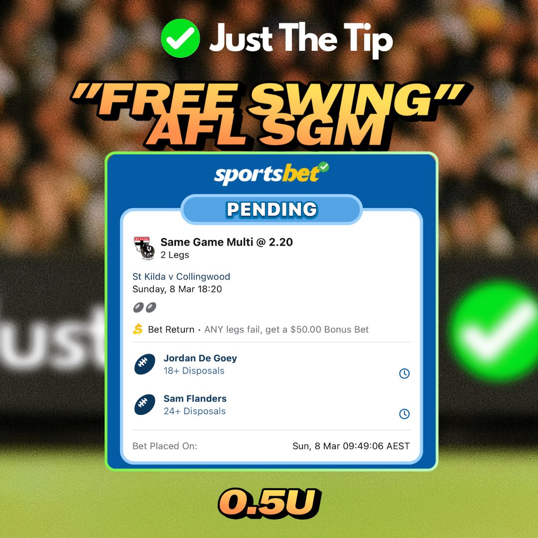 JustTheTipAUS's tweet photo. We have done it!!

Sweep the whole round on Sportsbet “Free Swings” 

✅Jordan De Goey 18+ disposals
✅Sam Flanders 24+ disposals

5 games 5 winners

#AFLSaintsPies https://t.co/P523QS7MIL