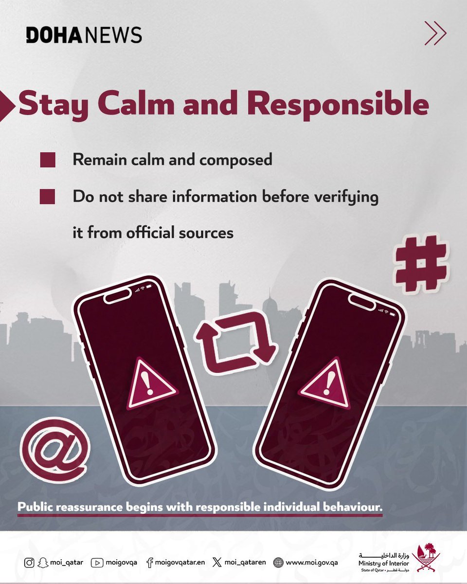 dohanews's tweet photo. #Qatar’s Ministry of Interior @MOI_QatarEn has issued safety guidelines for residents following Iranian attacks on the country amid the ongoing #war. The #ministry called on #residents to remain cautious and adhere to official instructions.

Swipe to learn more. https://t.co/oO8OAh3ZTy