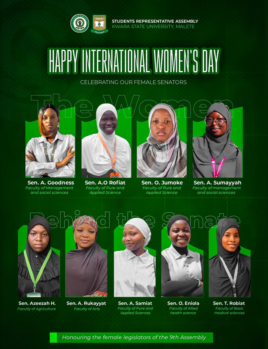 Celebrating the brilliance, resilience, and leadership of the female legislators within the 9th Assembly.

​On this #InternationalWomensDay, we honor the women behind the Senate who continue to shape the future of our student community at Kwara State University. 🏛️✨

​#IWD2026