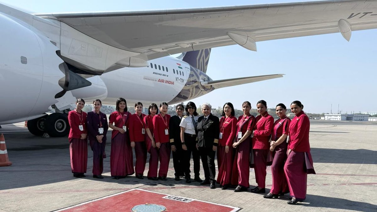 AirIndia_News's tweet photo. This International Women's Day, #AirIndia proudly celebrates the women powering Indian aviation, from cockpit to the cabin and beyond.

We are operating 9 women-managed flights across key routes including London Heathrow, New Delhi and Mumbai! From women pilots commanding the flight deck to cabin crew, flight dispatchers, meteorologists, aircraft maintenance engineers, crew controllers and our Operations Control Duty Manager – every role is powered by our incredible women on some of these flights. 

With women comprising nearly half our workforce and 16% of pilots, far above global averages, all-women crews and teams highlight our commitment to inclusive skies.

Read more - https://t.co/sNTbNye06x

#InternationalWomensDay2026