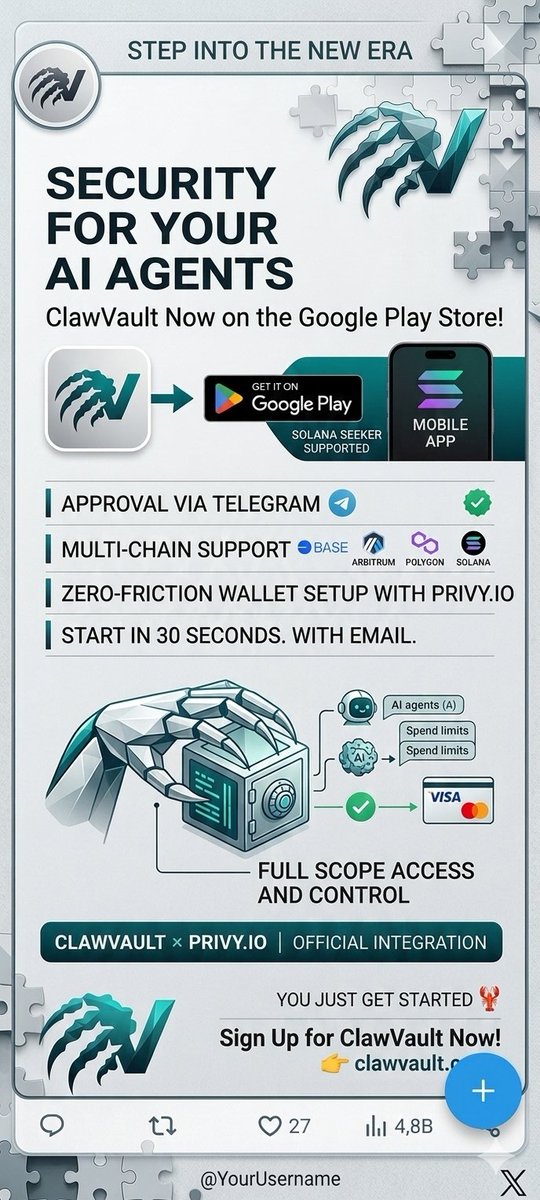 Mcahit98523754's tweet photo. $vault @clawvaults 🔥🔥
The way AI agents handle money is about to change forever. 🦾🌐
We’ve officially submitted to the Google Play Store and Solana Seeker! Manage your agents, set spend limits, and approve transactions—all from your pocket. 📱
🔒 Non-custodial security
💳 Virtual cards for AI
⚡ 30-second setup with @privy_io
Your agents don't stop when you close your laptop. Now, neither do you.
Set your reminders for March 9th. We’re just getting started. 🦞
#ClawVault #AI #Web3 @solana #Base #Arbitrum @solanamobile