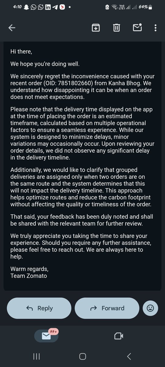 UVSINGH101's tweet photo. So according to your email, there was no significant delay? Order placed 1:58 delivered 3:00  for 6.2 km while ETA was 40–45 mins. Food arrived cold with wrong item.Instead of resolving the issue, I received a generic email. Still waiting for a refund.@Zomato @zomatocare https://t.co/CZmV2m2xqa