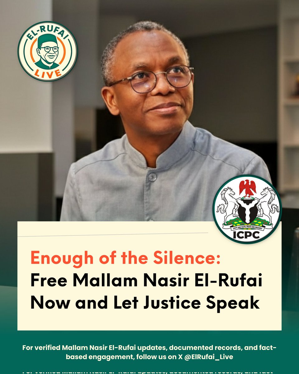 ElRufai_Live's tweet photo. Enough of the Silence: Free Mallam Nasir El-Rufai Now and Let Justice Speak

Fellow Nigerians, friends, and supporters of justice, the continued detention of Nasir Ahmad @elrufai has become a troubling stain on the rule of law. For more than two weeks, Mallam Nasir El-Rufai has remained in custody under circumstances that raise serious questions about due process and institutional integrity. What should have been a lawful and transparent process has instead evolved into an episode that many Nigerians increasingly view as politically motivated. This is not merely about one individual. It is about the credibility of our democratic institutions and the principle that justice must never be selective.

Those who know Mallam Nasir El-Rufai understand that his public life has always been defined by courage, reform, and a willingness to confront entrenched interests. From his years in national service to his transformative tenure leading Kaduna State, he consistently chose difficult reforms over comfortable politics. Leaders who challenge the status quo often attract powerful enemies. Yet disagreement with a political figure should never translate into the weaponization of institutions or the erosion of constitutional protections.

This moment also arrives during the sacred period of Ramadan, a time when millions of Nigerians reflect on justice, compassion, and the fear of God. As families gather in prayer and reflection, the continued uncertainty surrounding Mallam El-Rufai’s situation weighs heavily on many who believe strongly in fairness and the rule of law. A nation that seeks stability and unity must ensure that its legal processes are transparent, timely, and free from the perception of political calculation.

At El-Rufai Live, we speak not with bitterness but with firm conviction. Nigeria deserves institutions that operate above politics and leaders who respect the boundaries of law and justice. The continued silence surrounding this matter only deepens public concern and erodes trust. If there are charges, let them be presented before a competent court immediately. If not, the only honorable and lawful path is clear: release Mallam Nasir El-Rufai without delay.

Nigeria’s democracy grows stronger when justice is visible, impartial, and swift. History will remember how institutions respond in moments like this. For the sake of fairness, for the integrity of our republic, and for the future of democratic accountability, this matter must be resolved with urgency and respect for the rule of law.

#FreeElRufai
#JusticeAndDueProcess
#ElRufaiLive 

@Mod33333 @ADCNig @MuyiwaAdekeye @wali_____ @Bashir_GS @BashirElRufai @B_ELRUFAI @ElrufaiMedia @AmnestyNigeria @amnesty @UN @NigBarAssoc @NigerianEye_ @icpcnigeria