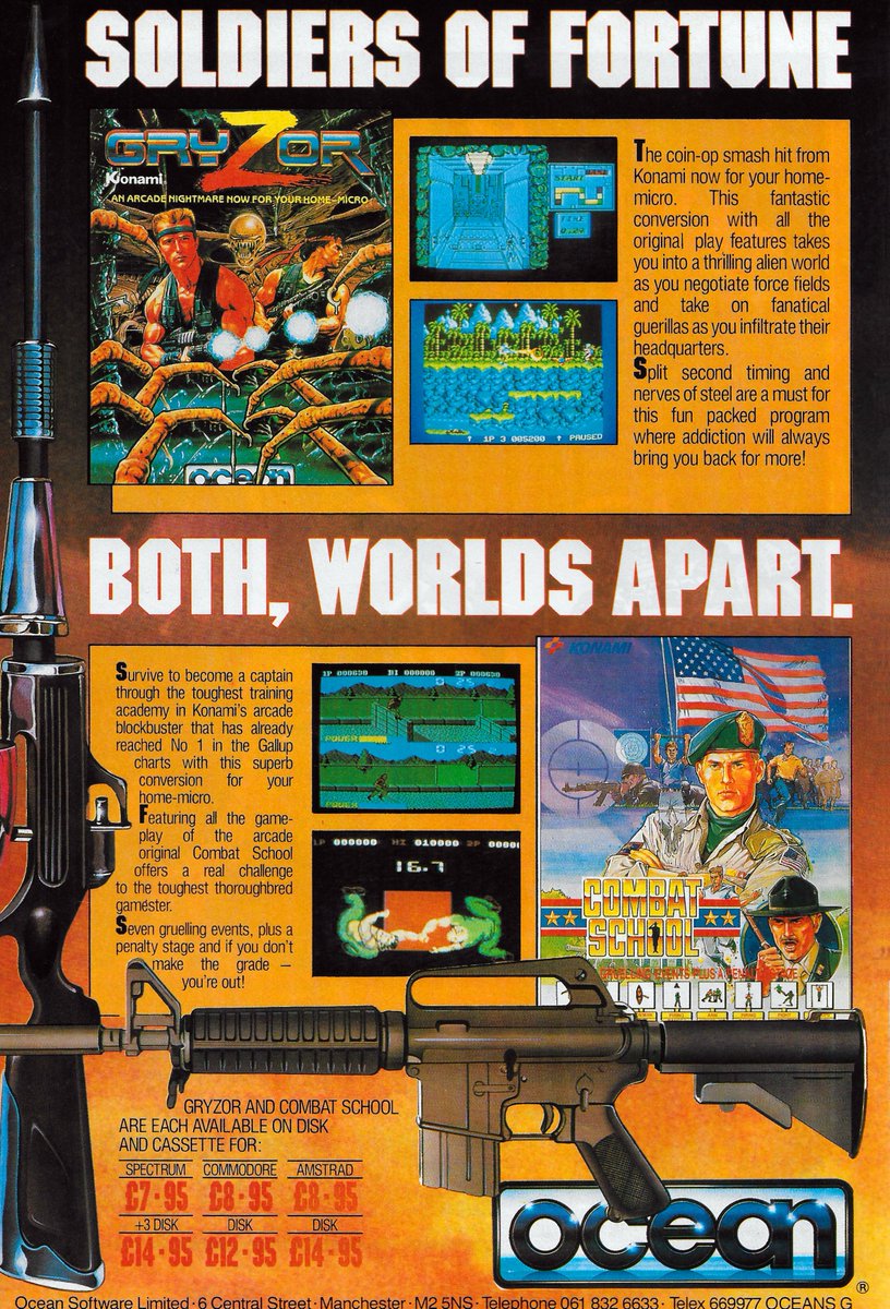 MarkRJones1970's tweet image. Does anyone know the specifc reason why this gun across the bottom of this ad for #Gryzor &amp;amp; #CombatSchool was removed? 

Clue: An event occured inbetween the publication of these ads to cause the bosses of #OceanSoftware to amend the advert. #RetroGaming