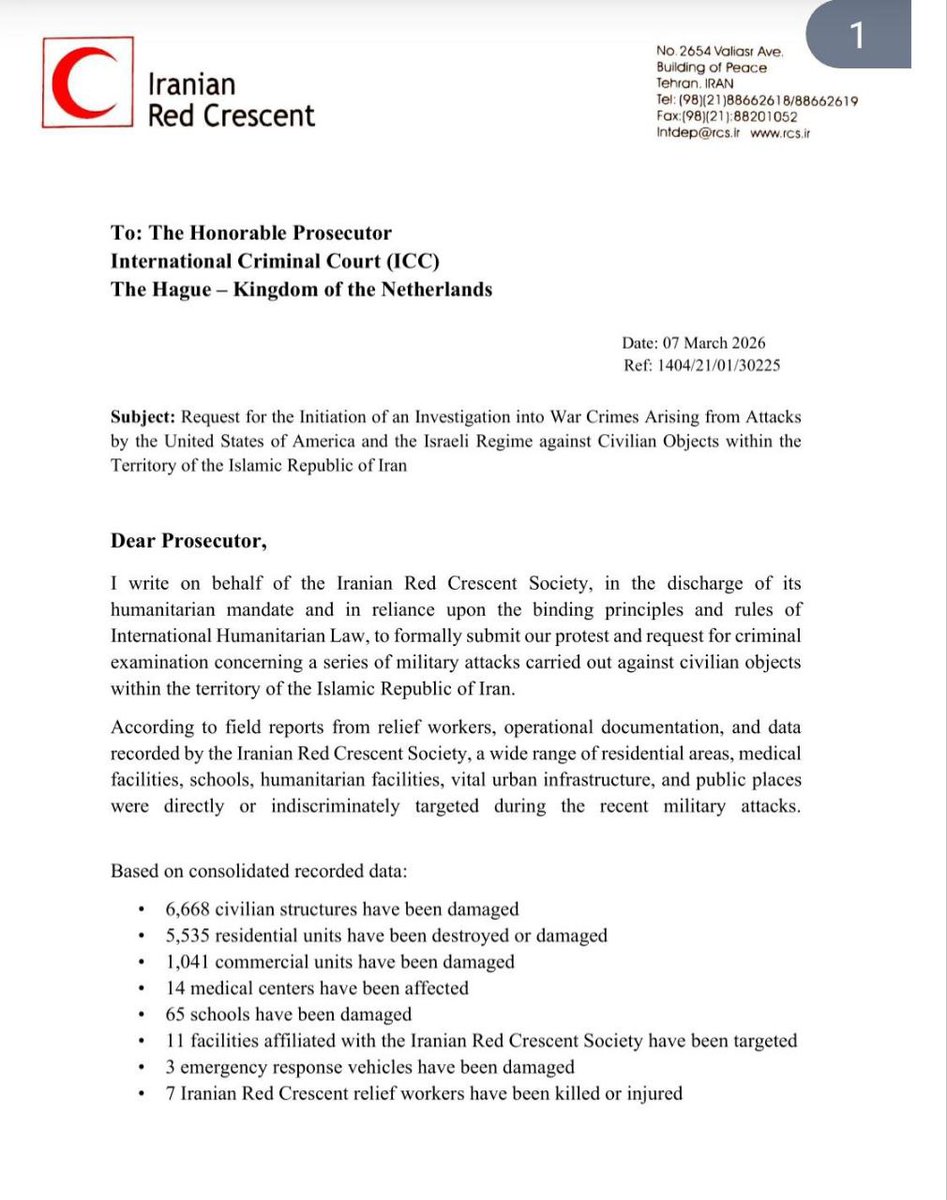 RT_com's tweet photo. Iranian Red Crescent calls on ICC to start 'CRIMINAL investigations' into attacks on civilian targets in Iran https://t.co/mIew3QgNVw