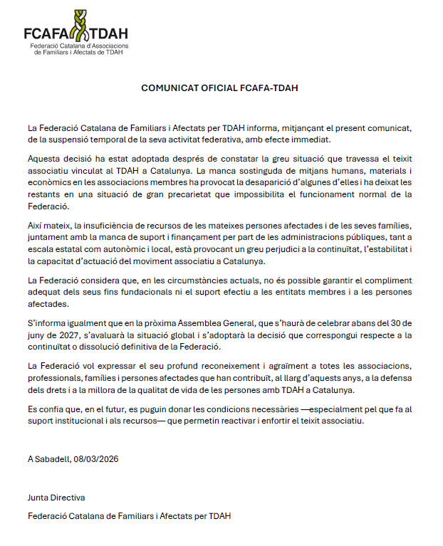 COMUNICAT OFICIAL FCAFA-TDAH 
federaciocatalanatdah.org