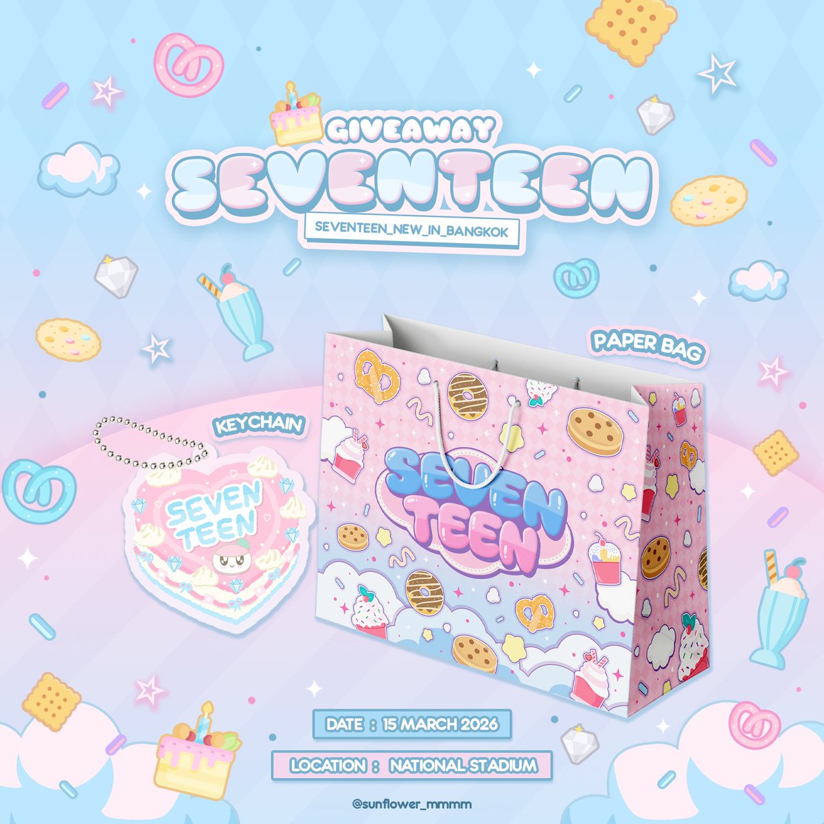 :¨·.·¨: 
 `·..💎giveaway #NEW_BANGKOK
💐 Paper bag 
💐 Keychain 
🏟️: national stadium 
📌 : 𝟣𝟧 march 2026
🕥: ᴛʙᴀ
#SEVENTEEN_NEW_IN_BANGKOK 
#กะรัตพระเวสสันดร