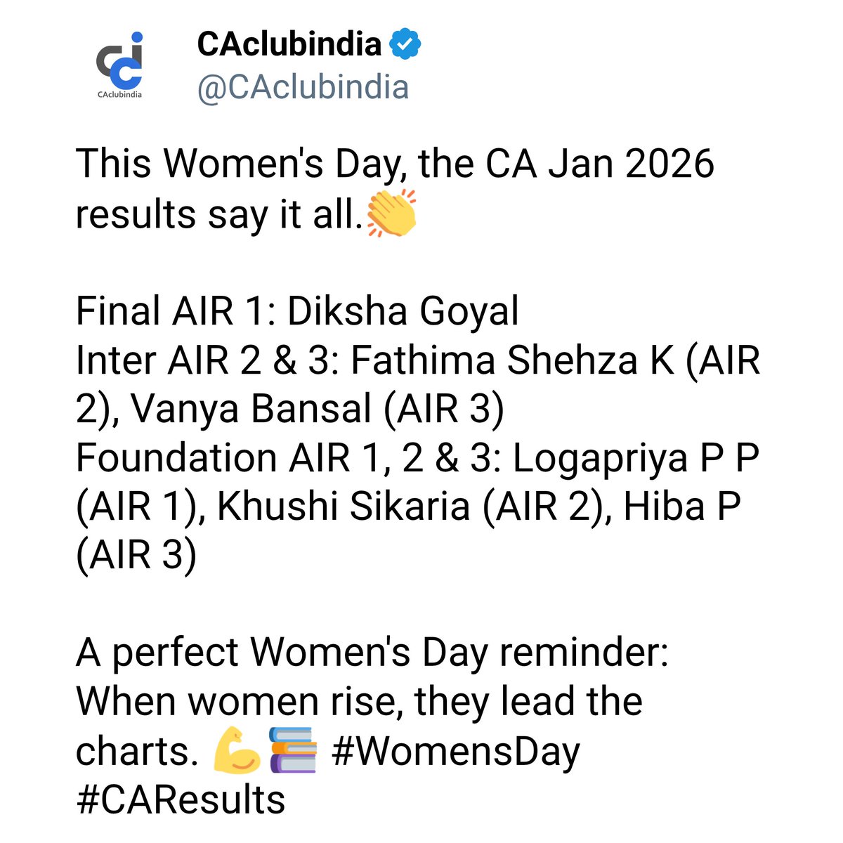 CAclubindia's tweet image. When dedication meets determination, women lead the charts. Proud moment for the CA community this Women's Day! ❤️🌸 #ICAI #CAResults #HappyWomensDay2026
