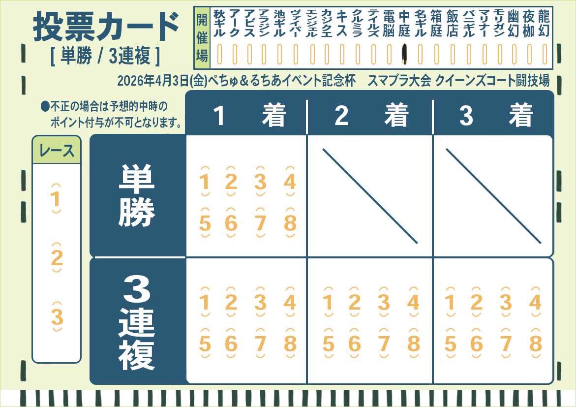 💫🥏🏹ぺちゅるちあイベント⛳️🥊💫

🤼‍♀️4月3日(金) 大乱闘しまちゅ👊👊👊

参加賞、優勝賞品もありまちゅよん🌈
ご検討中の方、参加予定の方はDMくだちゅい！
詳しいルール等は直接DMにお送りします🙇‍♀️

大会に参加されない方も、優勝予想がありまちゅ！
的中賞品もあったり❤️