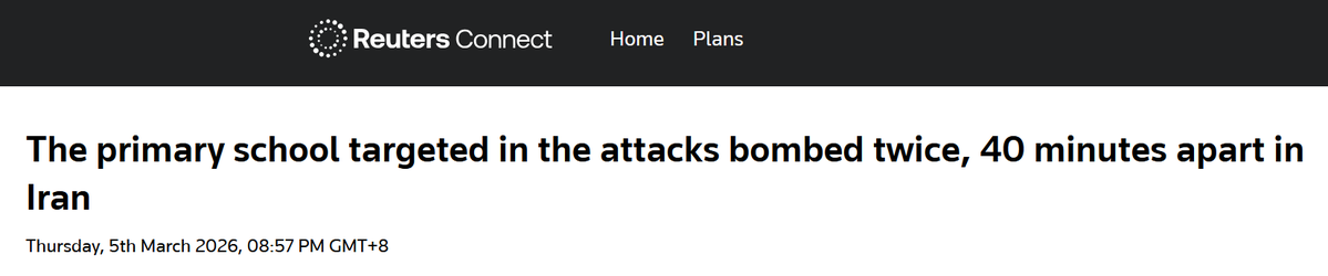 Reuters confirmed that the elementary school in the Iranian city of Minab was bombed TWICE by the US military, 40 minutes apart.

This was intentional. You don't "accidentally" bomb a school TWO TIMES.

168 children and 14 teachers were killed. It was a massacre.