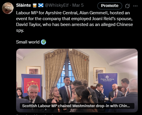 WhiskyElf's tweet photo. McGinley fae ayr mixing wi' Ayrshire mp gemmell
👉🏻who hosted a party for joani reid's husbands company
👉🏻who hosted a china delegation soirée
👉🏻JR's husband was recently arrested under terrorism charges for allegedly spying for China
Just saying'
#nevertrustlabour
#VoteSNP https://t.co/LdlfvrIZVs