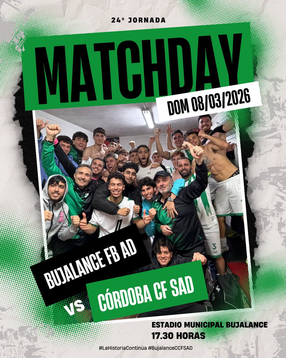 🔥 #MatchDay

Esta tarde nos toca viajar a la localidad de Bujalance para una nueva jornada💥💪

🆚 <a href="/AdfbBujalance/">ADFB Bujalance</a> 
🏟️ Estadio Municipal Bujalance
📆 Domingo 08/03/2026
⏱️ 17.30h

¡Vamos Córdoba Club de Fútbol SAD! 🤍💚

#LaHistoriaContinúa #BujalanceCCFSAD