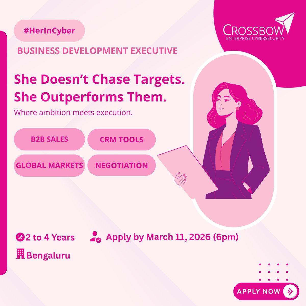 crossbowsec's tweet photo. She doesn’t chase targets.
She outperforms them.

We’re hiring Business Development Executives (2-4 yrs)

📍 Bengaluru | On-site | 5 days a week
Apply before Mar 11, 2026 | 6 PM
https://t.co/dOY6d8qvon

#HerInCyber #WomenInSales #Hiring https://t.co/7ox5enyWg4