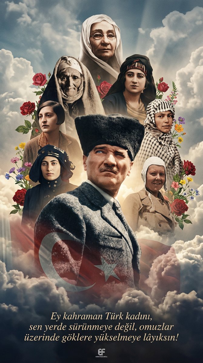 Ey kahraman Türk kadını, sen yerde sürünmeye değil, omuzlar üzerinde göklere yükselmeye lâyıksın.