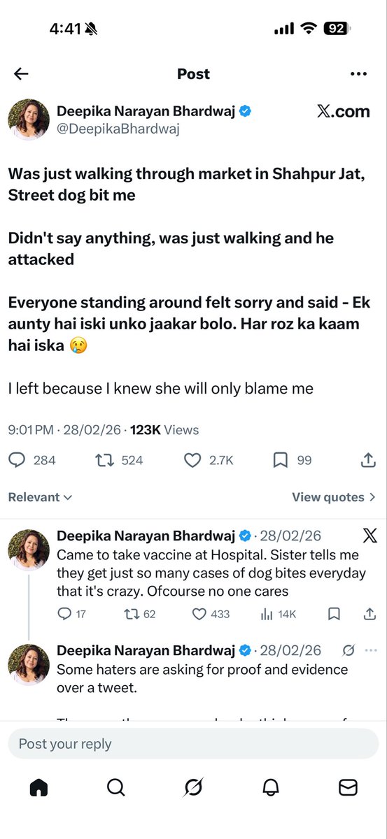<a href="/DeepikaBhardwaj/">Deepika Narayan Bhardwaj</a> Anti Rabies injection course after a dog bite is taken on 

Day-0, Day-3, Day-7, Day-14 and Day-28. You had a dog bite on 28th February, and you took all 5 doses in 8 days? 

Who is that great doctor who gave you 5 doses of ARV in 8 days? 

Whom are you fooling? 

Fake bite, fake