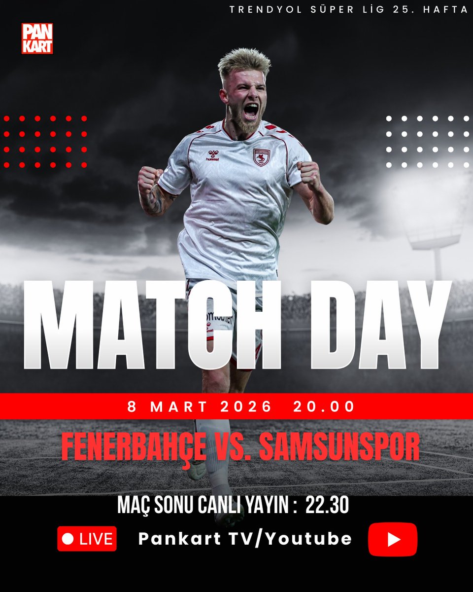 PankartTv's tweet photo. 🚨MATCH DAY! 🚨

👉🏻Trendyol Süper Lig’de ikinci devrede kıyasıya mücadele,25. hafta Trendyol Süper Lig.

⚽️ #Fenerbahçe 🆚 #Samsunspor 

⏰️Maç Sonu Canlı Yayın | 22.30

📺 Pankart TV | Youtube

🙏🏻Kanala abone olmayı unutma! https://t.co/AioQGPprUx