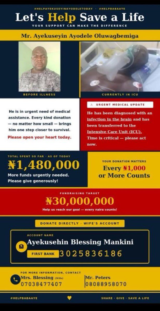 URGENT APPEAL FOR OUR BELOVED TEACHER – BABA AYE

Our beloved secondary school mathematics teacher, Mr. Ayekusehin Ayodele Oluwagbemiga, popularly known to generations of students as “Baba Aye,” is currently battling for his life and needs urgent medical support.

Baba Aye has