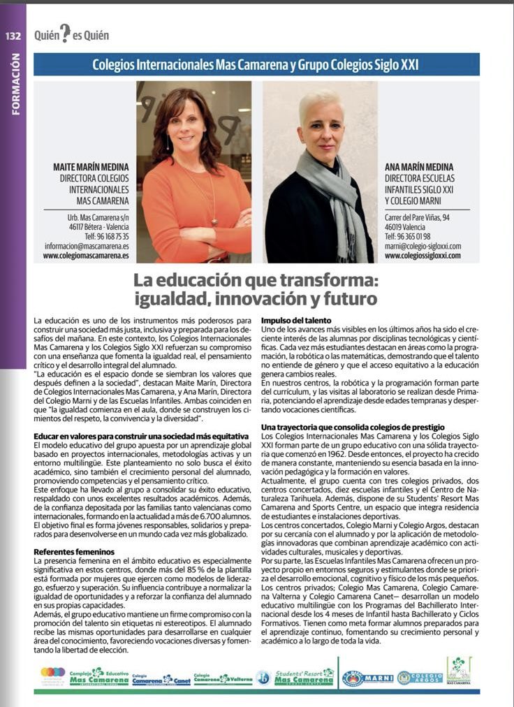C_E_Marni's tweet photo. Hoy la revista la revista #QDQLamujer, nos trae una publicación especial dedicada al papel de la mujer en distintos ámbitos (empresa, educación,instituciones, etc.). Entrevista a nuestra directora Doña Ana Marín junto con su hermana Doña Maite Marín. 
#unaeducaciónparatodalavida https://t.co/PLK2XUBnfP