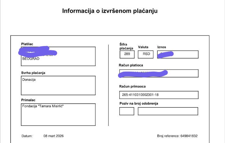 Добри људи, једна бака продаје оно што је узгајила у својој башти не би ли подигла споменик својој ћерки.

Хајмо да сви дамо мали допринос.

Број рачуна: 265-4110310002301-18
Прималац: Фондација *Тамара Мисирлић"
Сврха уплате: донација