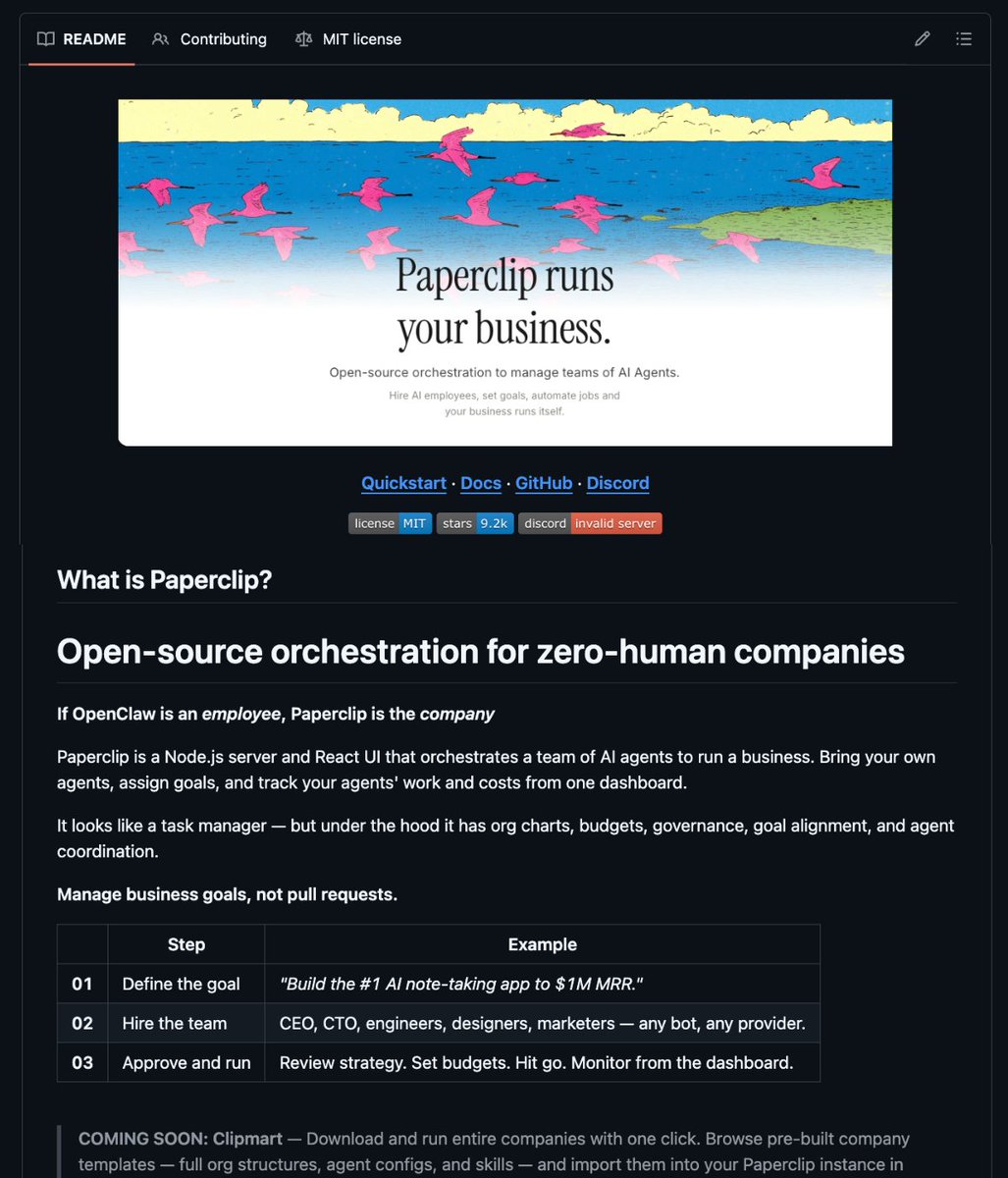🚨 BREAKING: Someone just open-sourced the operating system for zero-human companies.

It's called Paperclip.

Think of it as the company layer on top of your AI agents.

If OpenClaw is an employee, Paperclip is the entire company.

What's inside:

→ Bring any agent (Claude