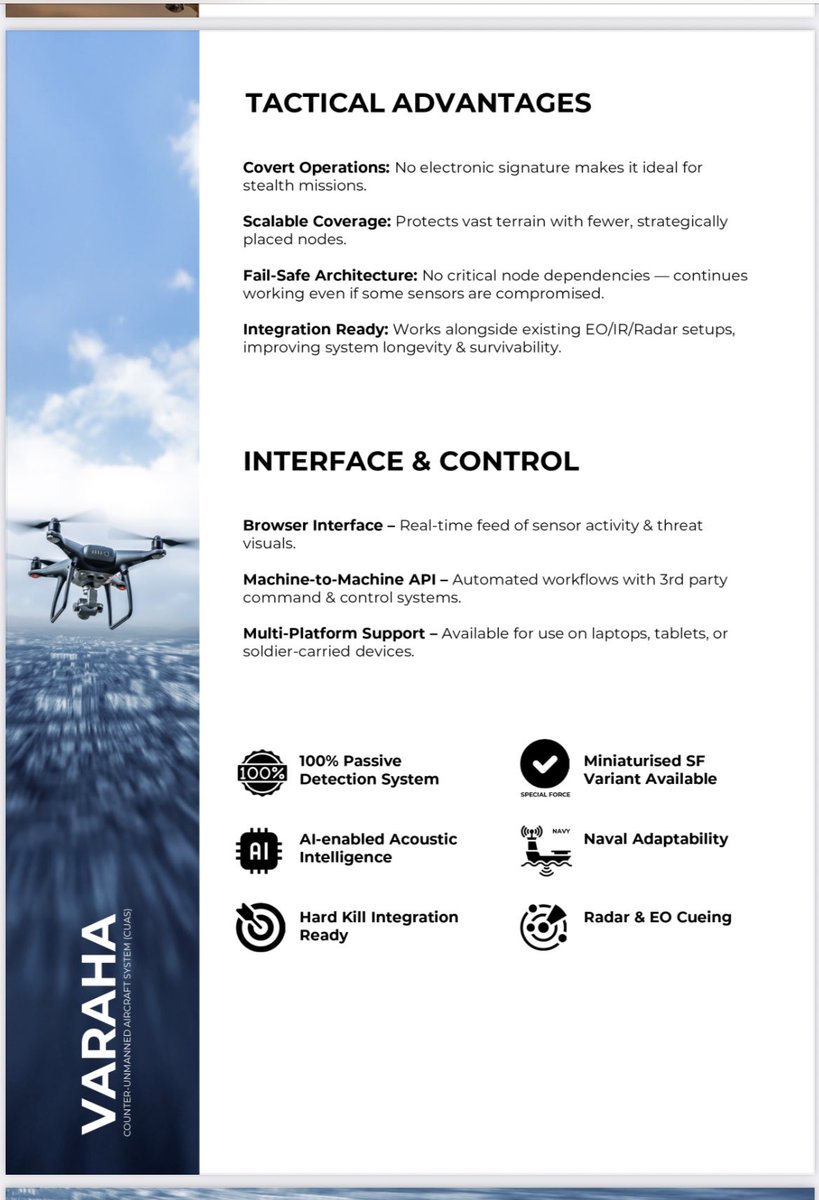 Viv_Krishnan's tweet photo. Varaha from @sssdefence is aimed to serve this very purpose. We chose acoustic detection & localization for the success it had in conflict theatres. We have hard kill in our DNA & are now starting to integrate the system with international CUAS providers for success in Hard Kill. Again no 🪛, just Indian innovation