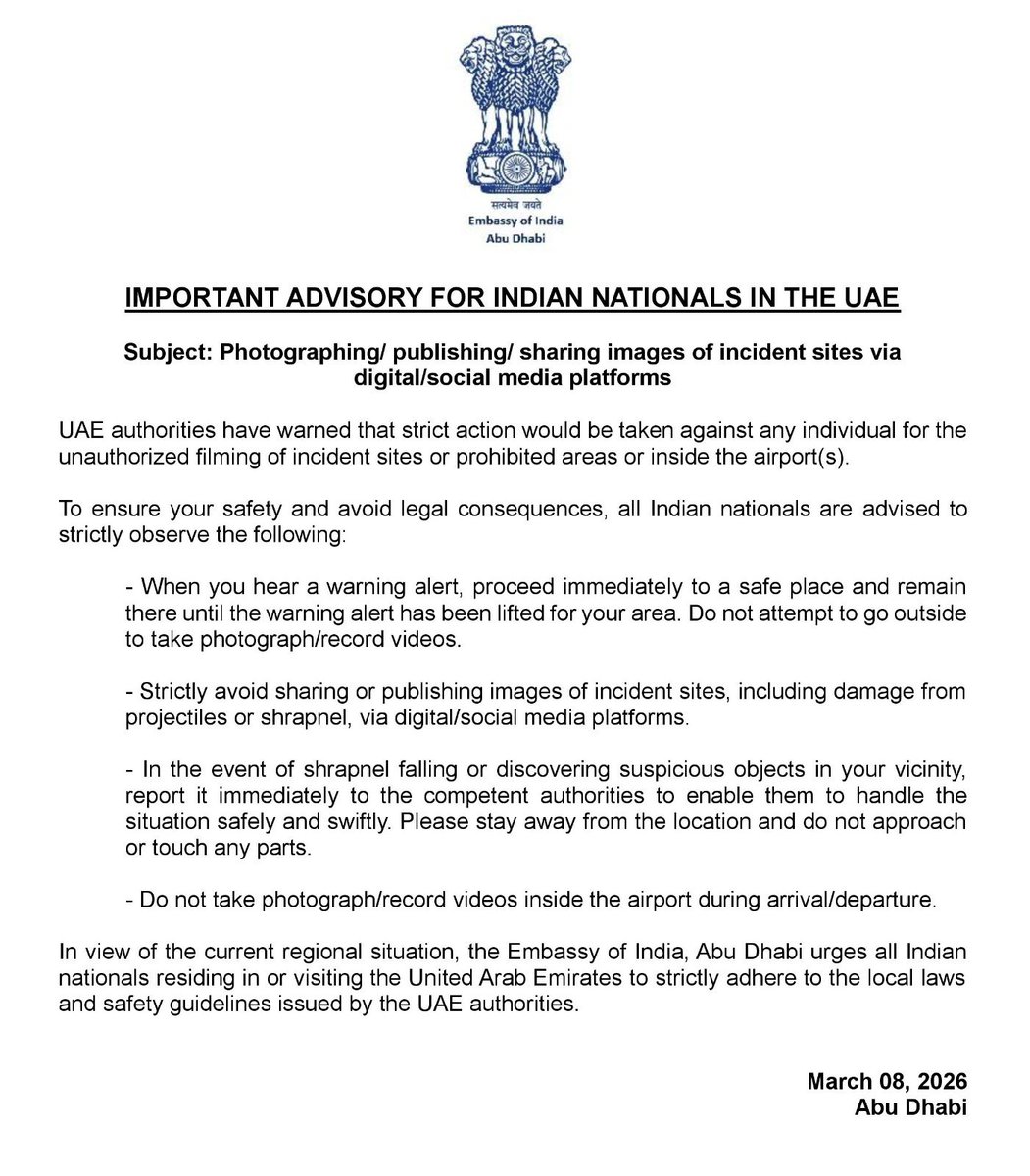 FrustIndian's tweet photo. 🚨 Advisory for Indians in the UAE 

The Embassy of India in Abu Dhabi has issued an important advisory urging Indian nationals not to photograph, film, or share images of incident sites, prohibited areas, or airports on social media.
Authorities have warned that strict action may be taken for unauthorized filming.
Indians in the UAE are advised to follow local laws and safety guidelines.