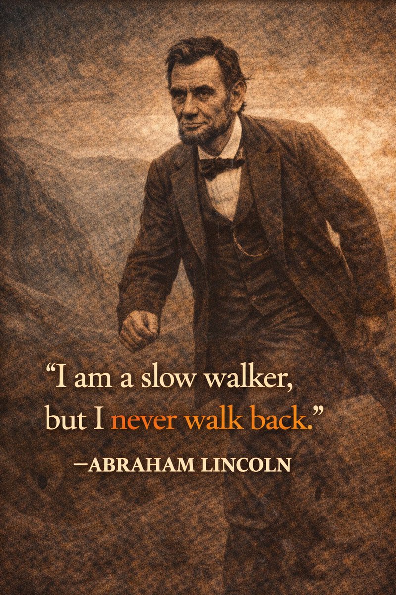 “I am a slow walker, but I never walk back.”

Abraham Lincoln

Progress need not be fast to be powerful. True determination advances steadily despite hardship, refusing retreat. Endurance, patience, and unwavering resolve ultimately move purpose forward.
