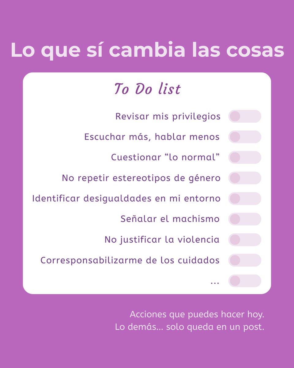 espaciofigdis's tweet photo. 💜✊♀️ Cada #8M los feeds se llenan de morado y hashtags.
La igualdad no se consigue con posts bonitos.
📣El #feminismo que transforma se hace con acciones: revisar privilegios, cuestionar "lo normal", señalar el machismo, repartir los cuidados, escuchar más y hablar menos... https://t.co/eHPFTzqp9y