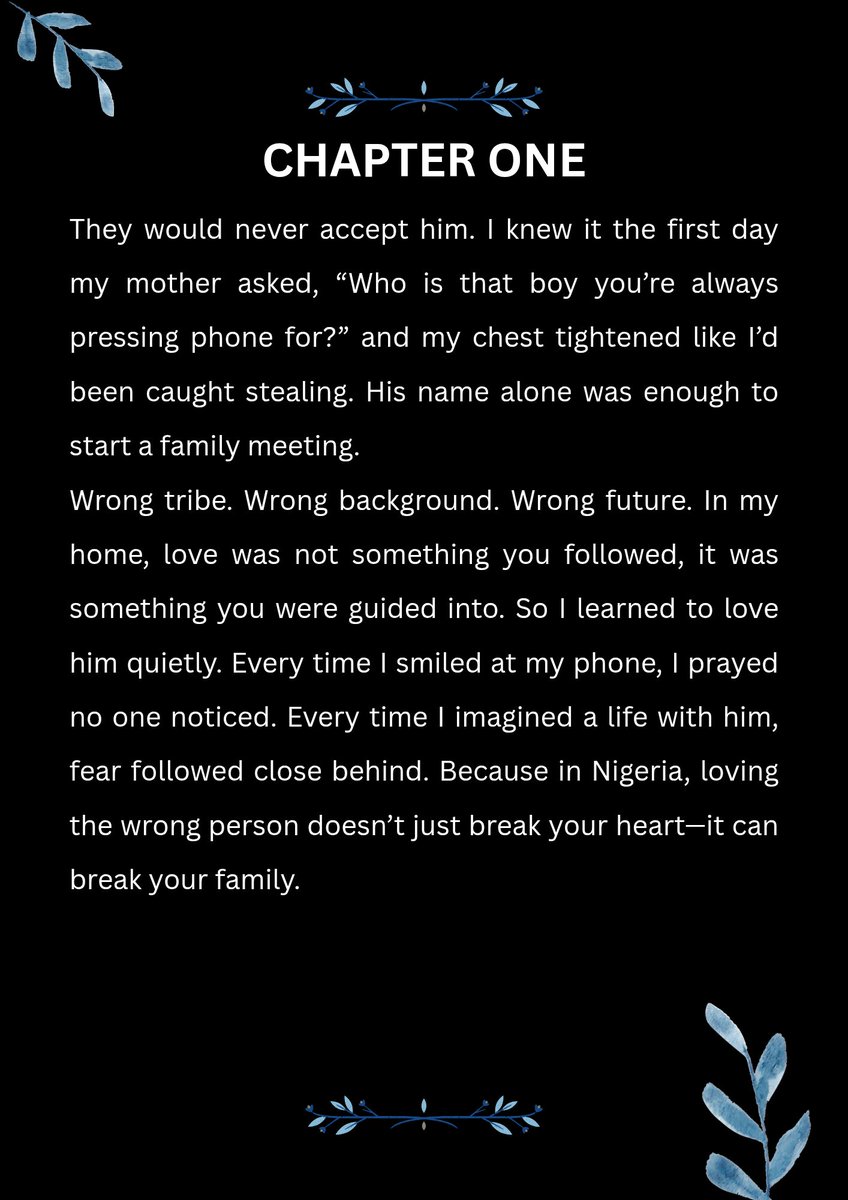 deevine_favour's tweet photo. Day 1😊✅

"Some love stories begin with excitement....others begin with fear. Here’s the beginning of mine.”

Let me know what you think guys 
#nigerianromance #writerscommunity #Storytelling https://t.co/qdV7U5UpAz