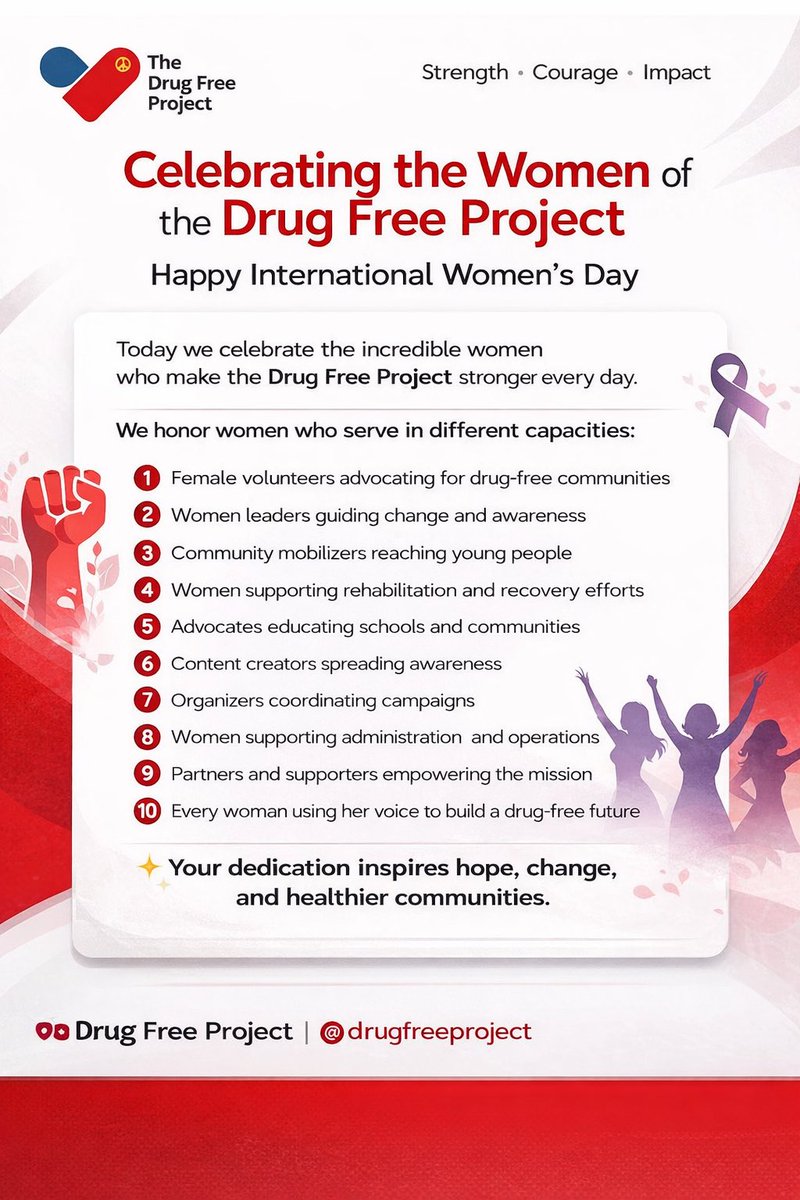 drugfreeproject's tweet photo. Today we honor the women advocating for a drug-free world, the women courageously battling addiction and choosing healing every day…

Whether you are leading the change or fighting for your own freedom, we celebrate you💜 

#InternationalWomensDay2026
#IWD2026 https://t.co/LjqT1J2WP8
