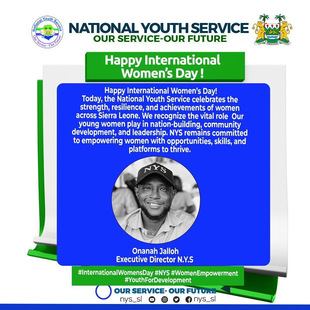 nys_sl's tweet photo. *Happy International Women’s Day!*
Today, @nys_sl celebrates the strength, resilience, and achievements of women across Sierra Leone and the world at large @nys_sl remains committed to empowering women with opportunities, skills, and platforms to thrive.
#InternationalWomensDay https://t.co/eEjmv8t5SF