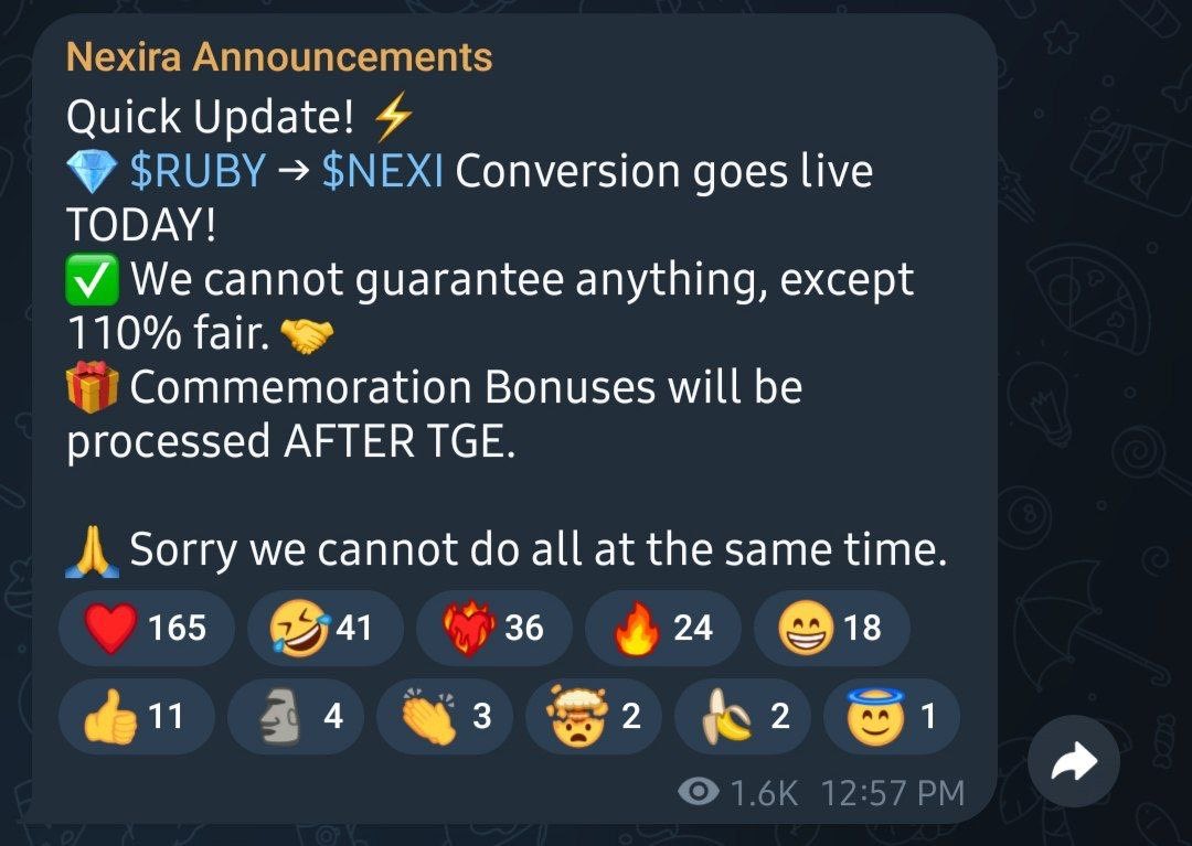 CuanAirdropCom's tweet photo. "Besok Caer lagi Nih Dari Nexi" 

1 #Ruby = berapa #Nexi 
1 #Next = Berapa $USDT

apakah lebaran di Sponsori Oleh Nexira 😝 @NexiraDAEP https://t.co/rmfB0d6xty