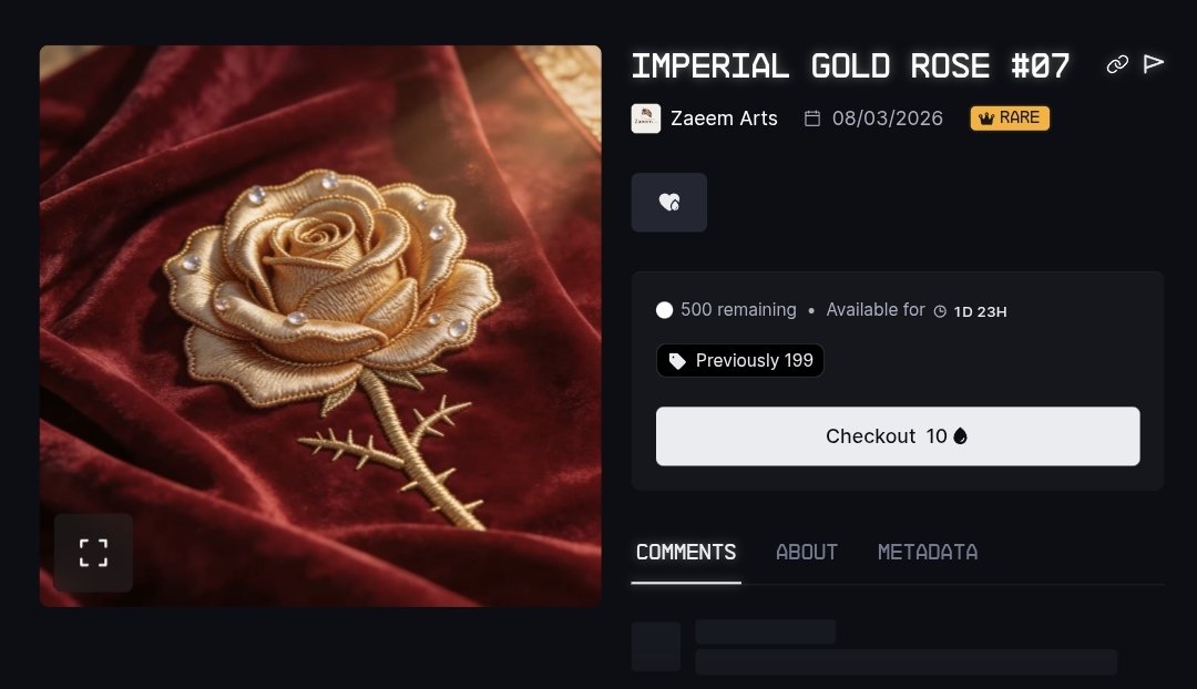 Zaeem_arts's tweet photo. Hey friends! 🔥 Just dropped my 3rd embroidery masterpiece - Imperial Gold Rose!

Love it? Like/comment! Droplets for snapshot too 📈
Check out more: https://t.co/5v9xjMQnBJ
#zaeemarts #ImperialGoldRose #EmbroideryEternal #drip #NFTs https://t.co/clq4VKUQSu